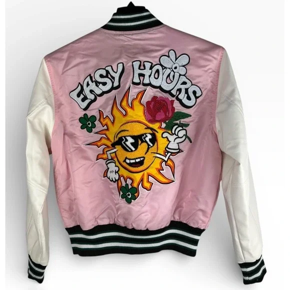 First Row Easy Hours Varsity Letter Contrast Patch Bomber Jacket Snap Pink Small - Picture 13 of 16
